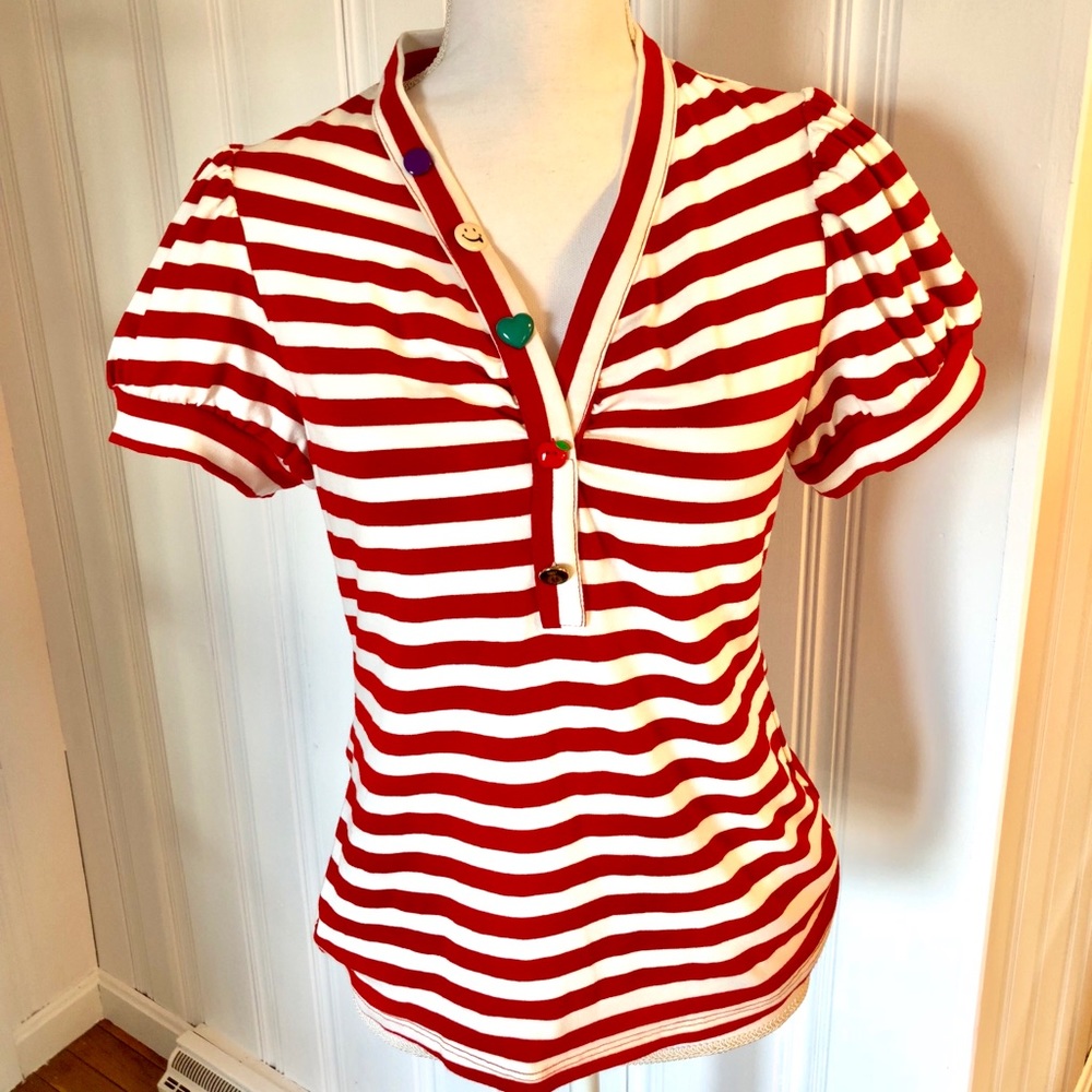 White Red Stripped Shirt w Funky Buttons
